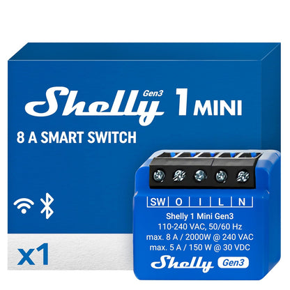 Image of a Shelly 1 Mini Gen3 smart switch relay, featuring a compact blue design with dimensions of 3.4 x 2.9 x 1.6 cm, labeled with technical specifications such as WiFi and Bluetooth connectivity, an 8A current rating, and wall mounting capability for versatile installation options in home automation applications.