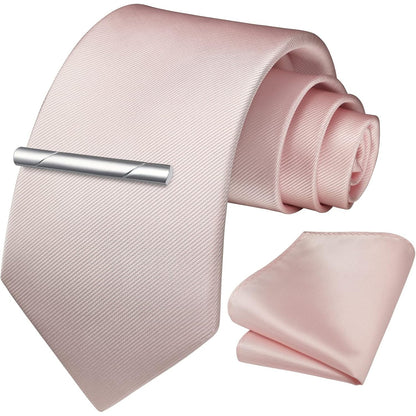 Hisdern - Solid Color Wedding Tie & Pocket Square Set With Tie Clip