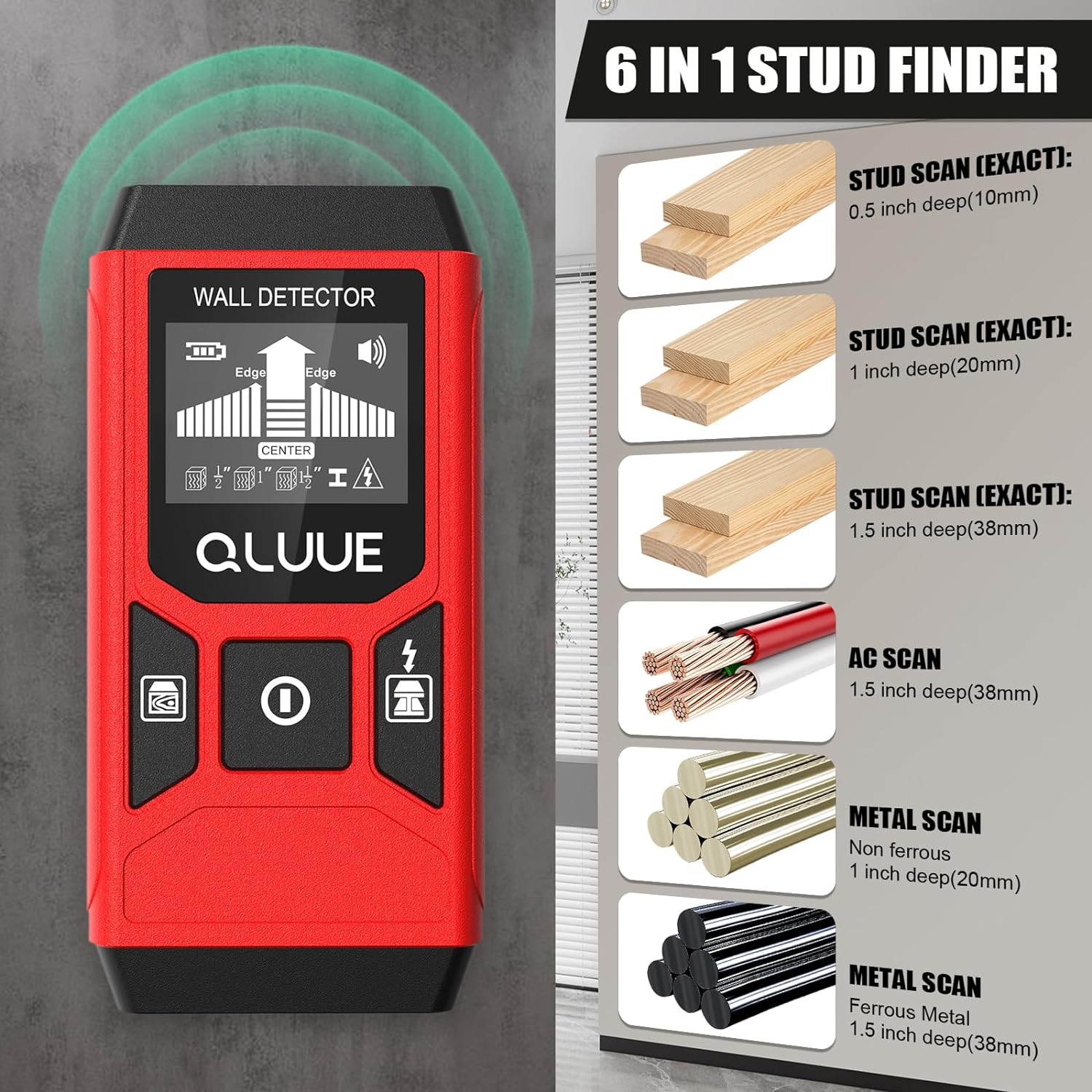 Qluue - Cable Finder Locator 5-in-1 Wall Scanner Detector with LCD Display and Acoustic Alarm