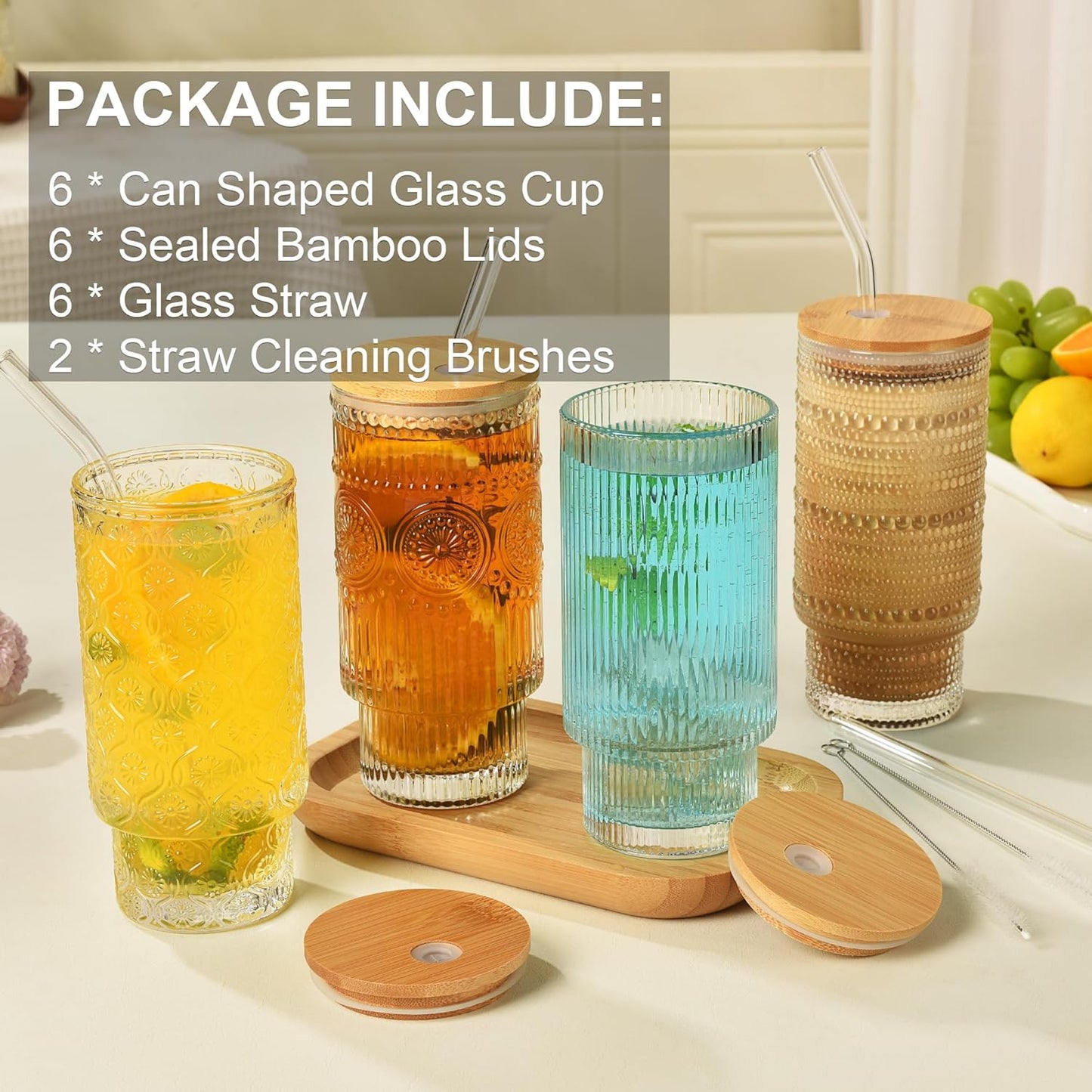 Ruckae - 6 Pcs Ribbed Glass Cups With Bamboo Lids & Straws, 16 Oz Vintage Tumblers