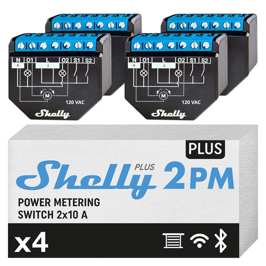 Smart switch relay with two channels, power metering, and remote control capabilities for home automation.