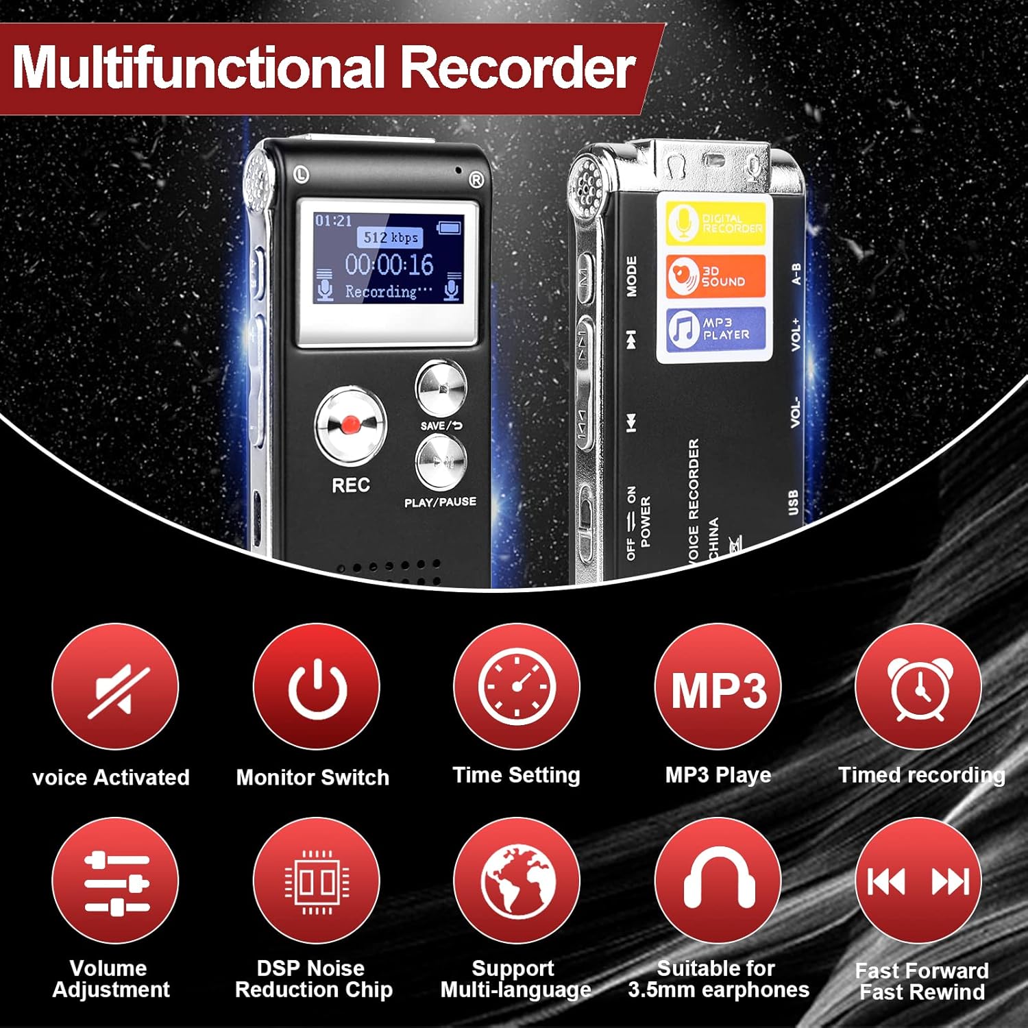 S - Digital Voice Recorder 3072Kbps HD Voice Activated With Playback