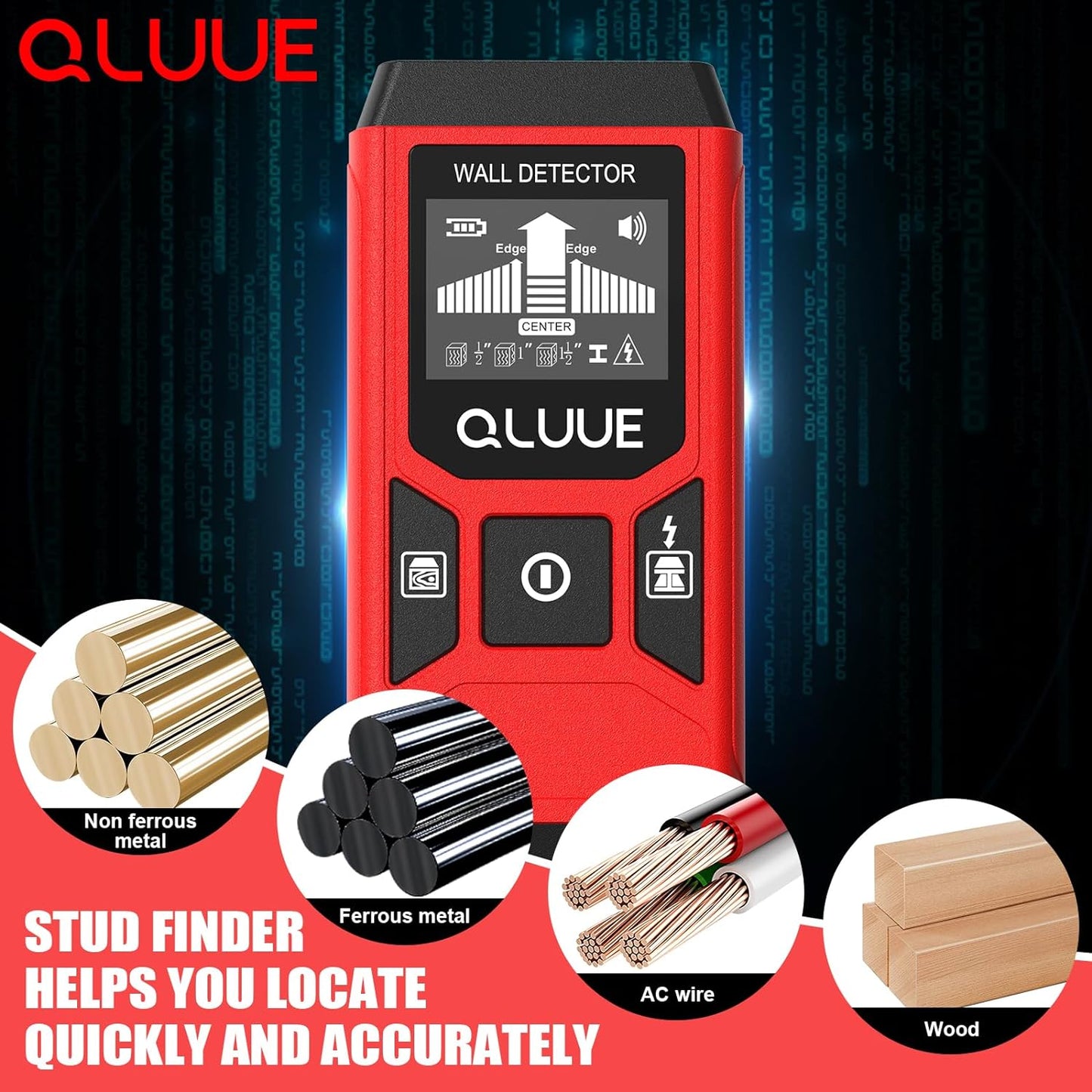 Qluue - Cable Finder Locator 5-in-1 Wall Scanner Detector with LCD Display and Acoustic Alarm