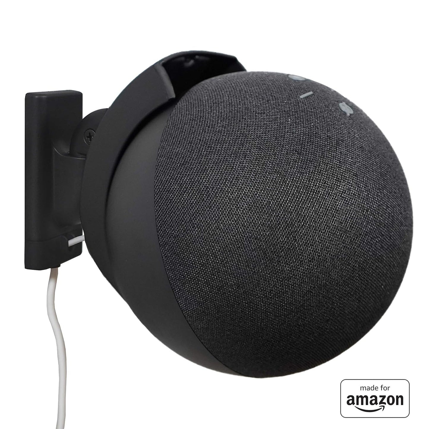 Certified “Made for Amazon” wall mount accessory for Echo (4th Gen), featuring adjustable tilt and swivel capabilities, designed to optimize audio performance while saving counter space.