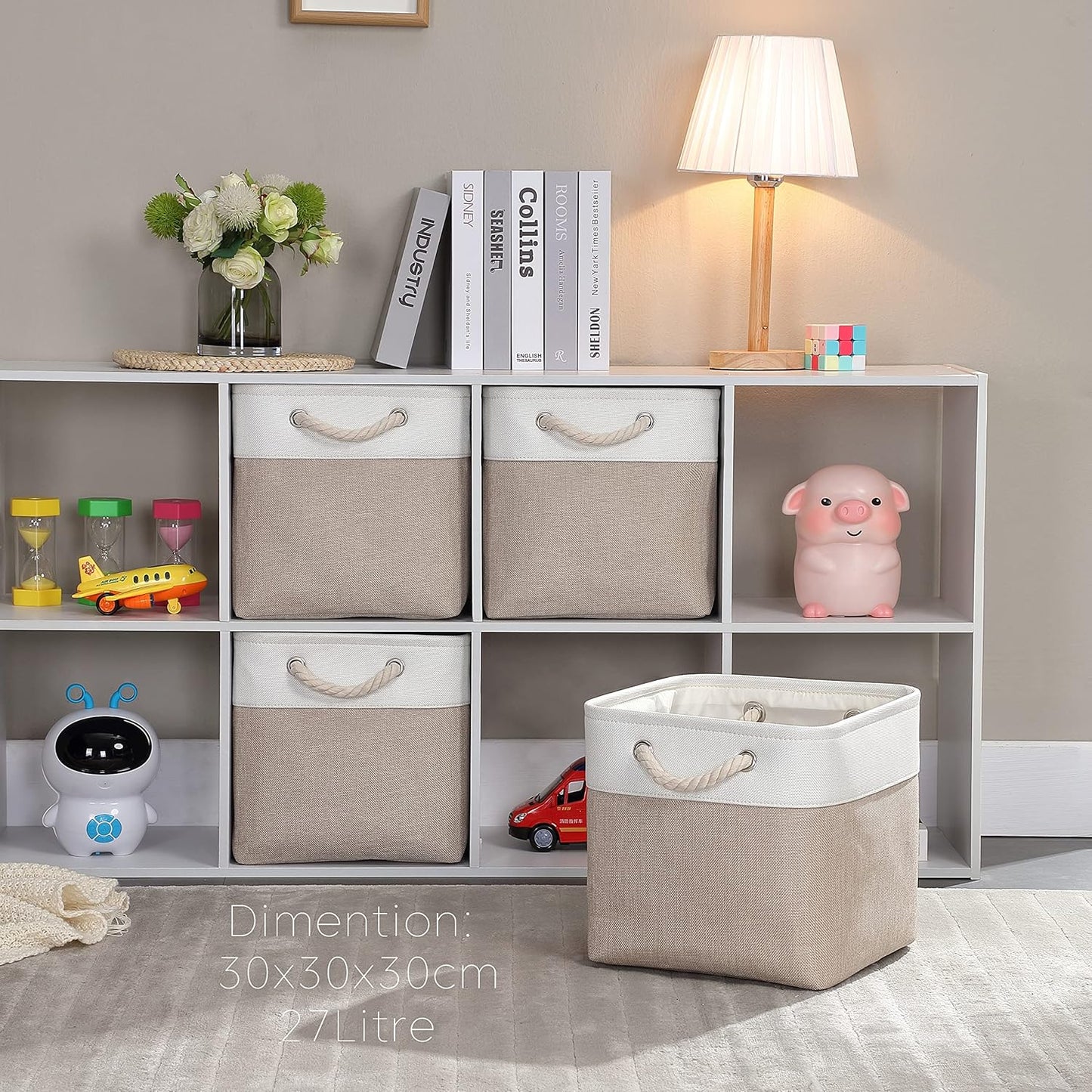 Mangata - Cube Storage Boxes 30x30x30cm, Fabric Basket, Light Khaki White