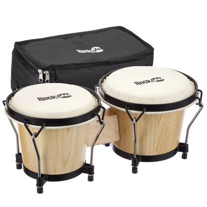 RockJam 7" and 8" Bongo Drum Set in beige wood finish, featuring authentic skin heads, chrome hardware, and a natural gloss finish; includes padded carry case and tuning key.